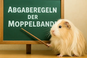creme-weißes Meerschweinchen steht vor einer Schultafel mit der Aufschrift Abgaberegeln der Moppelbande und zeigt mit einem Stock auf die Schrift